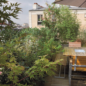Jardin suspendu :<br />l'écran de verdure protège du vent et des regards<br />F. Boucourt - Rustica - conception et réalisation : balcoon