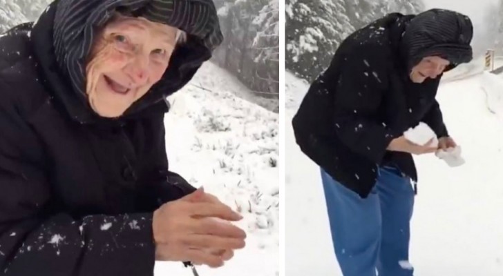 Une maman de plus de 100 ans s’amuse à lancer des boules de neige : « La vraie joie est dans les choses simples »